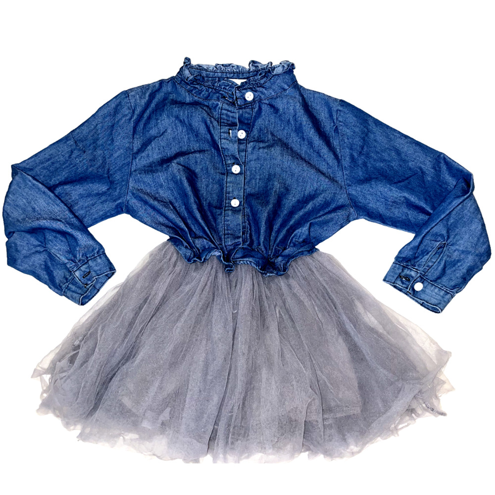 BEAR LEADER Chambray Denim & Gray Tulle L/S Dress Sz 120 Girls 5T TODDLER
